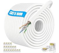 ikbc 100m Cat 6 Ethernet Cable Roll White - Weatherproof Outdoor Internet Cable Bulk - 100 Metre LAN Network Cable for CCTV, Home Renovation & Garden Office - incl. 20 RJ45 Connectors