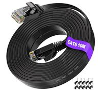 ikbc Cat 6 Flat Ethernet Cable 10m, Black, Gigabit RJ45 LAN Network Lead | includes 10 clips, 1000Mbps Gigabit speed, 32AWG pure copper core, ultra slim under carpet, ideal for PS5 gaming & office