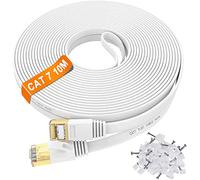ikbc Cat 7 Flat Ethernet Cable 10m, FTP RJ45 Gigabit Internet Cable White | High Speed Shielded Long Network Cable 10 meter 600MHz 10Gbps, LAN Cable Patch Cord for Router Modem Switch PS5 (10 Clips)