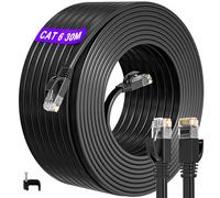 ikbc Ethernet Cable 30m, Cat 6 Flat Cable 30m LAN RJ45 Gigabit High Speed | 1000Mbps Internet Cable, Thin Patch Cord for Under Carpet, Pure Copper LAN Cable for PS5 & Broadband, Incl. 30 Clips