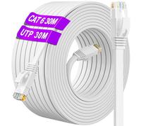 ikbc Ethernet Cable 30m Cat 6, Flat RJ45 Internet Cable 30m High Speed Long | Network Cable White LAN Cable Outdoor Indoor 250MHz 10/100/1000Mbps, Gigabit Broadband Cable Patch for Router PC (30 Clips)