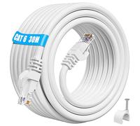 ikbc Ethernet Cable 30m Outdoor Indoor, Cat 6 Internet Cable 30m High Speed Ethernet, 23AWG RJ45 LAN Cable 1000Mbps 250MHz, UTP Waterproof Gigabit Cat 6 30 meter White for Router PS4/5 (30 Clips)