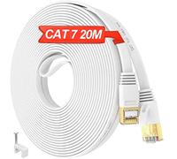ikbc Internet Cable 20m, Ethernet Cable 20m Cat 7 Flat White High Speed FTP | Shielded RJ45 Network Cable 10Gbps 600MHz, LAN Cable Waterproof Outdoor Indoor Long Broadband Patch Cord for Router(20 Clips)