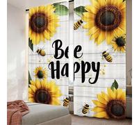 IKDZCM 2Pcs Bee Happy Curtain Honeybee Sunflower Sunny Floral Garden Plant Leaves for Bedroom Bathroom Living Room Dining Room WxH/2x100x200cm