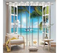 IKDZCM 2Pcs Ocean Beach Palm Trees Blackout Curtains Summer Tropical Natural Scenery Window View Grommet Window Drapes for Bedroom(WxH/2x100x130cm)