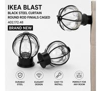 IKEA Blast Black Steel Curtain Round Rod Finials Caged 402.172.48 Brand NEW