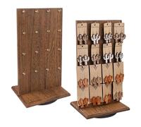 Ikee Design 2 Pcs Wooden Rotating Two-Sided Jewelry Display Stand, Rotating Organizer with 32 Hooks for Store, Keychain Earring Display with Hooks, Brown color, 9 W x 7.5 D x 16.5 H in