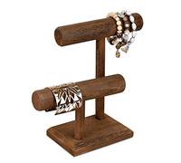 Ikee Design 2 Tier Wooden Jewelry Bracelet Watch Display Tower, Bangle Scrunchie Necklace Holder Storage Stand, 7.9" W x 4.3" D x 9.4" H, Brown Color