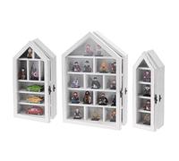 Ikee Design 3 Pcs Set Wall-Mounted House-Shaped Wooden Shadow Cubby Box Display Shelf with Door Storage Display Case for Collectibles, Trinkets, Mini Figures, Antique White, 21.1W x 3.1D x 14.8H in
