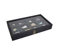 Ikee Design Elegant Wooden Jewelry Storage Tray Box with Glass Lid-12 Compartments-Ideal for Rings,Bracelets,Gems Stone and Small Accessories- Rustic Metal Clasp- 15" W x 8.5" D x 2.5" H, Black Color