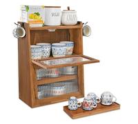 Ikee Design Wood 2-Tier Cabinet with Airflow Drying Tray | Cabinet with wavy doors and removable bamboo tea tray; Cupboard Organizer for Kitchen Pantry, 12.1"W x 6.3"D x 15.7"H.
