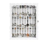 Ikee Design Wooden 30-Souvenir Spoon Display Case Cabinet, Wall-Mounted Tea Spoon Rack with Tempered Glass Suitable for Collection Display, Antique White, 13.4W x 2.6D x 15.7H in
