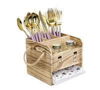 Ikee Design Wooden Utensil Caddy Flatware Holder with Handles,Utensil Holder for Spoons, Knives, Forks, Salt Pepper Shakers, Napkins for Dining Room, Oak Color, 7.13”Wx6.63”Dx7.5”H