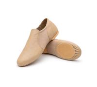 iKelpie Slip On Tan Jazz Dance Shoes - Soft Leather Split Sole, Flexible Neoprene Upper, Rubber Heel - Lightweight Modern Stage Dance Shoes for Kids & Adults Kids 10J