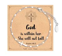 IKIATY Cross Bracelet for Girls, Easter Basket Stuffers for Teens Girls Baptism Confirmation First Communion Christian Easter Jewelry Gifts, God is within her.She will not fall, Stainless Steel, no