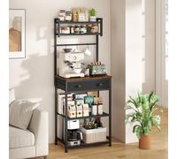 ikkle Coffee Bar Station, 6-Tier Coffee Stand with Storage and Drawers, Kitchen Corner Bakers Rack Microwave Stand with Metal Wire Panel & Hooks, Utility Storage Shelf for Small Spaces, Living Room