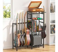 ikkle Guitar Stand for Multiple Guitars, Guitar Rack with 4 Storage Shelf | Multi Guitar Holder Floor with Vinyl Records Storage, Record Player Stand and Amp Stand, Guitar Storage for Home Music Studio