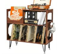ikkle Large Rustic Record Player Stand, 2 Tier Record Player Table with Vinyl Record Storage, Vinyl Storage Cabinet with Metal Legs, Turntable Stand for Living Room, Bedroom, Holds 370 Albums, Walnut