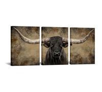 iKNOW FOTO 3 Piece Longhorn Bull Canvas Wall Art Rustic Western Cow Head Prints for Living Room Bedroom Farmhouse Office Wall Decor Vintage Texas Animal Painting Ready to Hang Each Panel 12x16 Inches