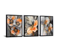 iKNOW FOTO 3 Piece Orange and Grey Abstract Flower Canvas Wall Art with Black Frame Modern Floral Artwork for Bedroom Office Bathroom Hallway Marble Texture Painting Botanical Print Each Panel 12x16''