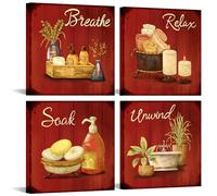 iKNOW FOTO 4 Piece Red Bathroom Wall Decor - 'Breathe, Relax, Unwind, Soak' Sign Canvas Prints, Modern Home Spa Painting Artwork, Stretched and Framed Ready to Hang, 12x12 Inches Each
