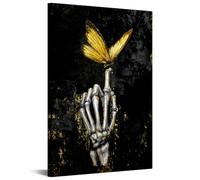 iKNOW FOTO Skeleton Hand Wall Art Gold Butterfly 16x24 Inch Gothic Skull Canvas Print Dark Aesthetic Decor for Bedroom Lounge Tattoo Studio Halloween Artwork Ready to Hang