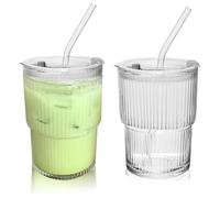 IKOPFLN Pack of 2 400 ml Vertical Striped Glass with Lid and Straw, Drinking Cup with Lid and Straw, Thick-Walled and Robust Smoothie Cups Made of High-Quality Glass, Iced Coffee Glasses