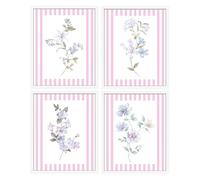 IKORNUO Watercolour Botanical Prints, Pastel Floral Prints for Walls Unframed, Set of 4 Pink White Striped Botanical Wall Art, 8x10 Floral Pictures for Bedroom Hallway