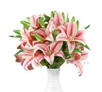 Ikosora 12 Pcs Pink Artificial Lily Flower, Realistic Long Stem Real Touch Stargazer Lily, Faux Lily Flower Fake Floral with Rods for Home Party Wedding Table Centerpiece Garden DIY Craft Decoration
