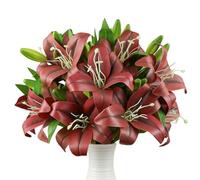 Ikosora 12 Pcs Red Artificial Lily Flower, Realistic Long Stem Real Touch Stargazer Lily, Faux Lily Flower Fake Floral with Rods for Home Party Wedding Table Centerpiece Garden DIY Craft Decoration
