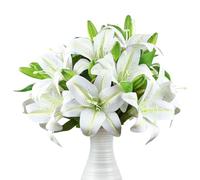 Ikosora 12 Pcs White Artificial Lily Flower, Realistic Long Stem Real Touch Stargazer Lily, Faux Lily Flower Fake Floral with Rods for Home Party Wedding Table Centerpiece Garden DIY Craft Decoration