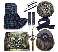 IKP SCOTTISH KILTS FOR MEN - 07 PIECES KILT SET, TARTAN KILT HIGHLAND WEAR - LEATHER SPORRAN - KILT BELT & BUCKLE - TRADITIONAL KILT OUTFIT SET (Belly Button Waist 30'', LESLIE)