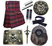 IKP SCOTTISH KILTS FOR MEN - 07 PIESCE KILT SET, TARTAN KILT HIGHLAND WEAR - LEATHER SPORRAN - KILT BELT & BUCKLE - TRADITIONAL KILT OUTFIT SET (MACDONALD, Belly Button Waist 30'')