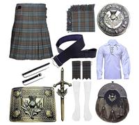IKP SCOTTISH WEATHERED BLACKWATCH TARTAN KILT SET 10 PIECES - THISTLE KILT SPORRAN - FLYPLAID & BROOCH - KILT BELT & BUCKLE - KILT SOCKS & FLASHES - JACKOBITE GHILLIE SHIRT (Belly Button Waist 42")