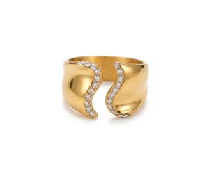 IKRUSH ARIIRA Gold-Tone Fenella Wavy Statement Ring for Women, Crystal Pave Open Cuff Stainless Steel Fashion Jewellery