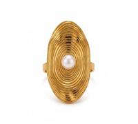 IKRUSH ARIIRA Gold-Tone Verai Oval Statement Ring for Women, Textured Wave Design with Faux Pearl, Stainless Steel Fashion Jewellery