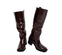 iKrush Black Patent Faux Leather Knee High Block Heel Square Toe Boots for Going Out