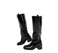 iKrush Black Patent Faux Leather Knee High Block Heel Square Toe Boots for Going Out