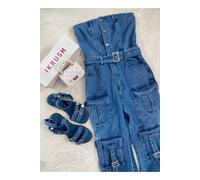 Ikrush Giselle Multi Pockets Strapless Cargo Jumpsuit In Blue Blue