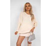 Ikrush Haisley Long Sleeve Knitted Jumper With Embellished Neckline In Beige Beige