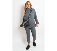 Ikrush Mila Chunky Knitted High Roll Neck Top Bottom Co-Ord Set In Dark Grey Dark Grey
