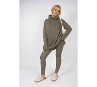Ikrush Mila Chunky Knitted High Roll Neck Top Bottom Co-Ord Set In Khaki Khaki