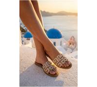 Ikrush Pearl Geometric Rhinestone Embellished Sliders In Beige Beige