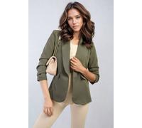 Ikrush Valerie Ruched Sleeve Open Front Blazer Jacket With Front Pockets In Khaki Khaki