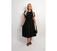 IKRUSH Women's Annie Collared Button Down Short Sleeve Tie Waist Midi Dress in Black IKRUSH Black One Size
