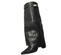 iKrush Women's Black Faux Leather Knee High Boots with Skirted Fold Over Buckle & Pointed Toe Block Heel for Autumn Evening Wear
