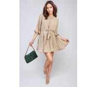 IKRUSH Women's Carmen Pleated Tie Waist Mini Dress in Beige | Size: S/M IKRUSH Beige S/M