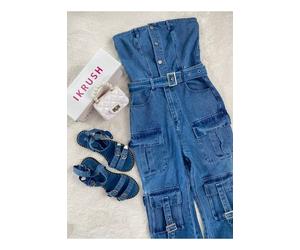 IKRUSH Women's Giselle Multi Pockets Strapless Cargo Jumpsuit in Blue | Size: Small IKRUSH Blue S