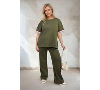 IKRUSH Women's Jennifer Contrast Stripe Top & Wide Leg Trouser Co-ord Set in Khaki | Size: S/M IKRUSH Khaki S/M