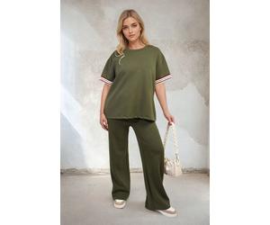 IKRUSH Women's Jennifer Contrast Stripe Top & Wide Leg Trouser Co-ord Set in Khaki | Size: S/M IKRUSH Khaki S/M